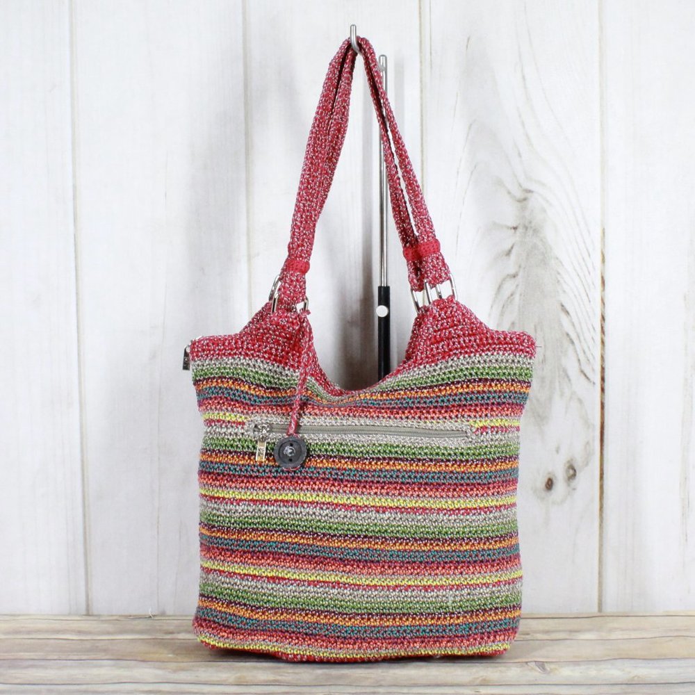 The Sak Multicolor Stripe Hand Crocheted Zippered Hobo Tote Shoulder Bag - Picture 1 of 9